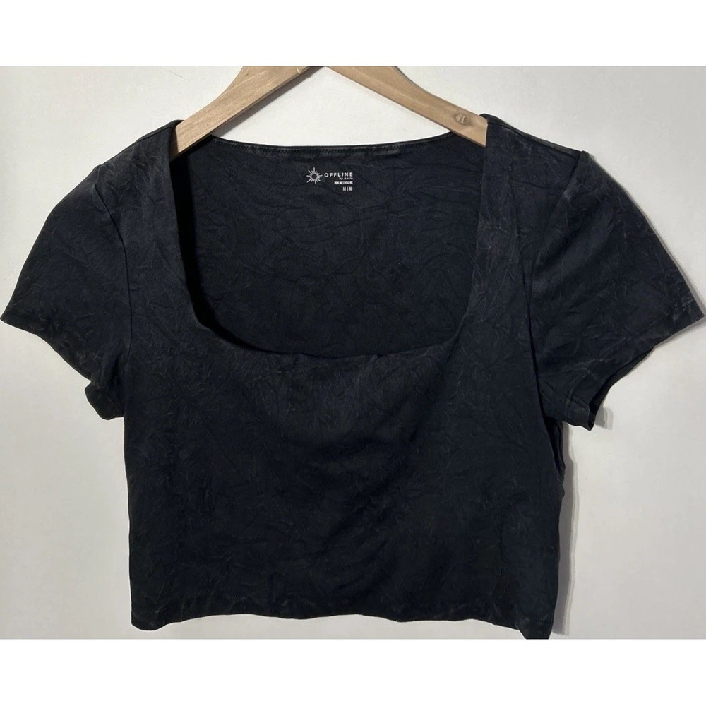 Offline By Aerie Womens Black  Square Neck Crop Top Shirt Built In Support Med